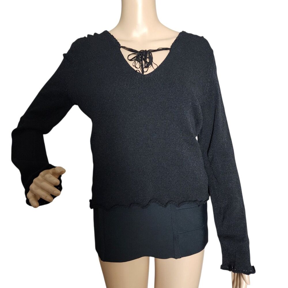 Vintage 90s Brenda Serper Black Lettuce Hem Lace Up V-Neck Sweater - Large
